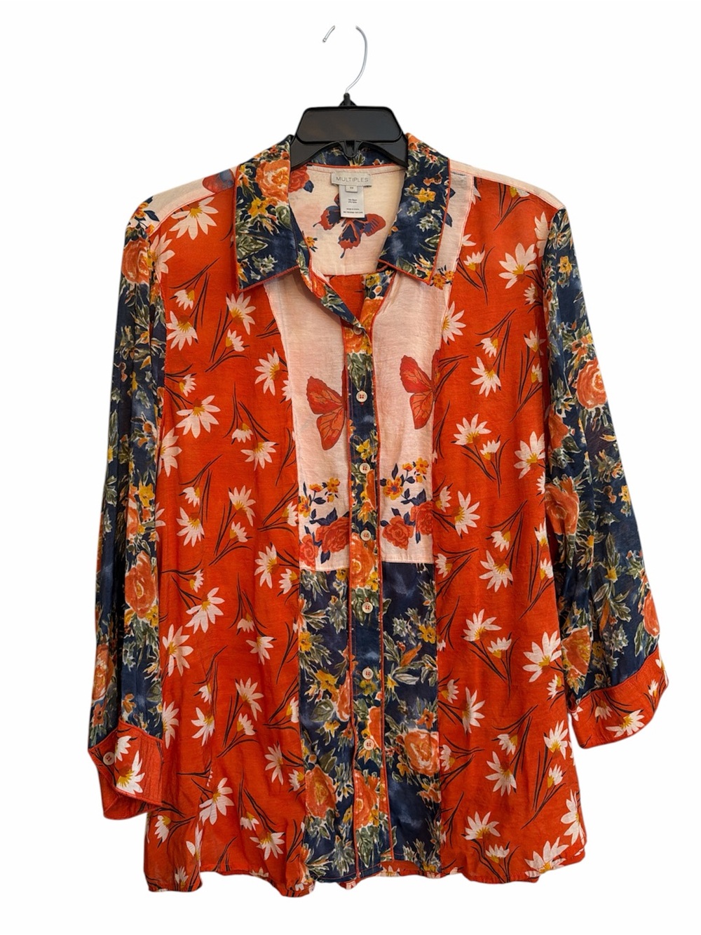 Multiples Orange & Navy Floral Button-Down Blouse Shirt